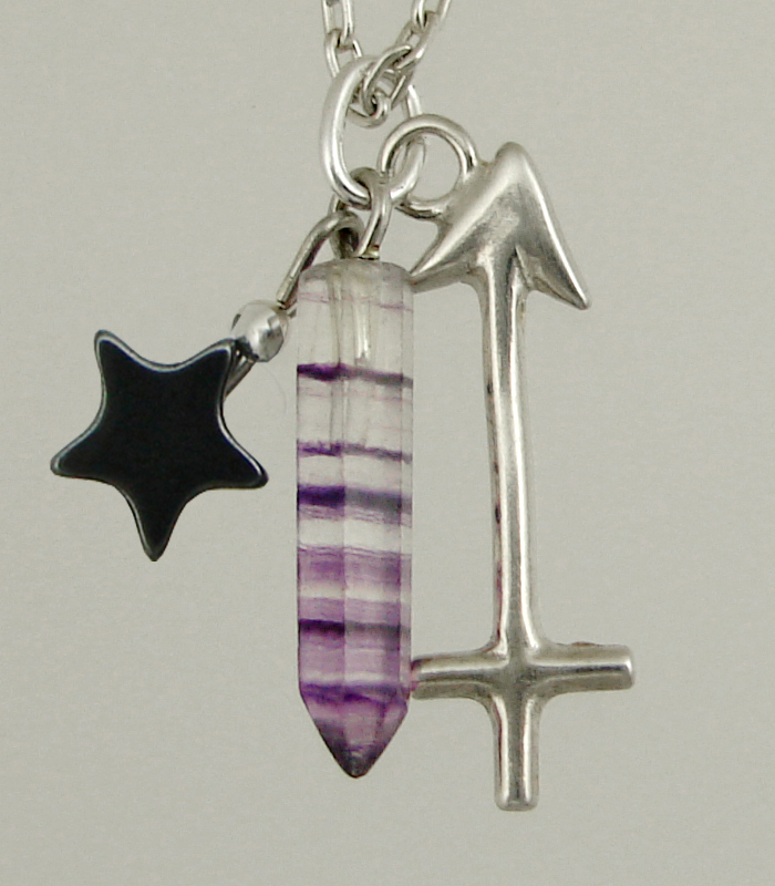 Sterling Silver Sagittarius Pendant Necklace With an Fluorite Crystal And a Black Onyx Star